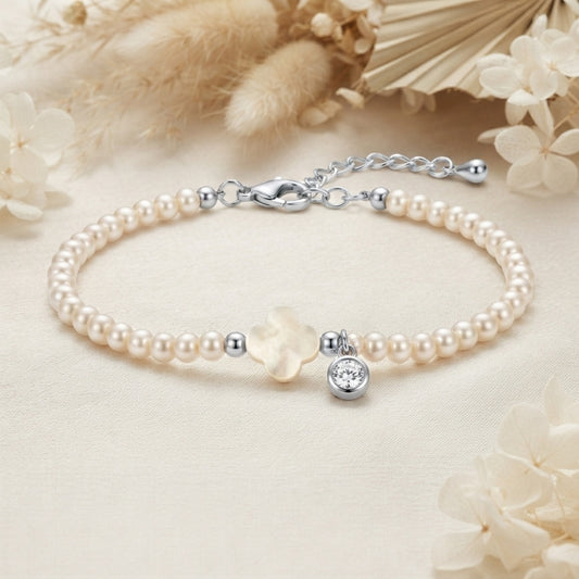 Silver Pearl Clover Bracelet