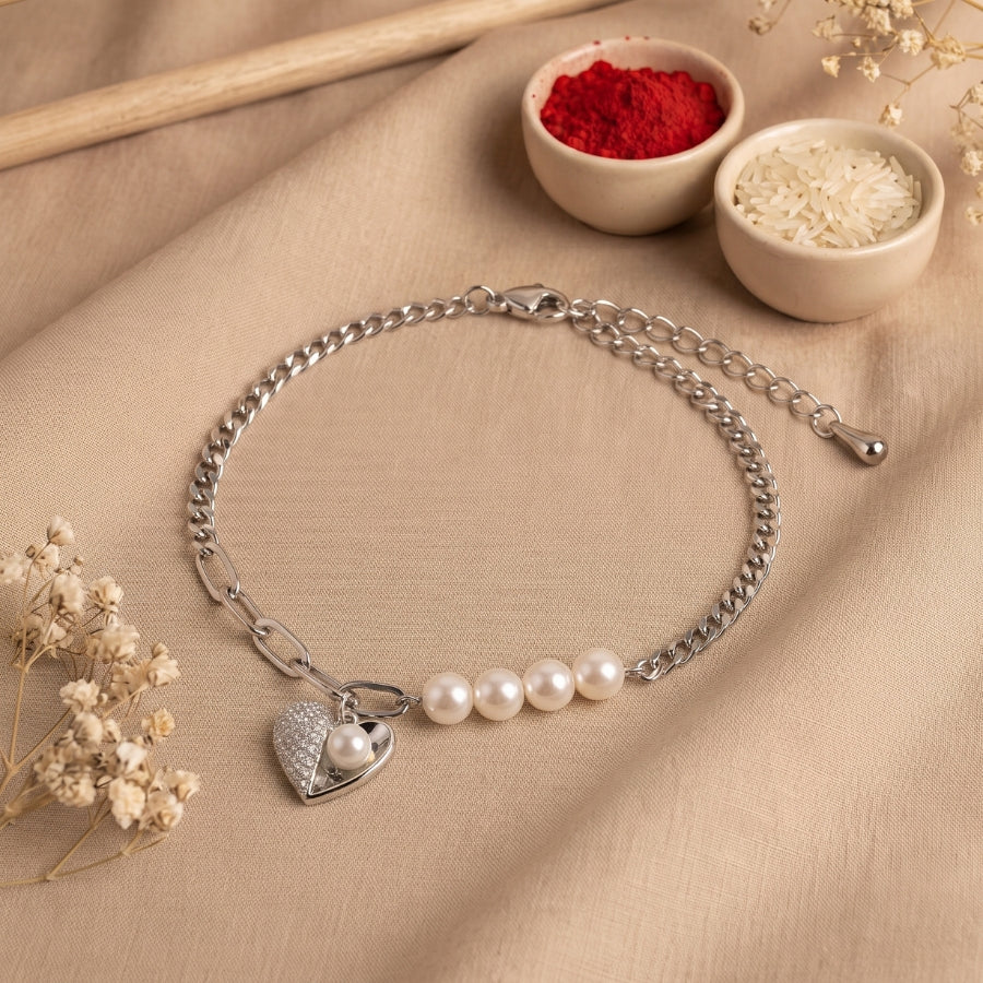 Silver Heart Pearl Rakhi