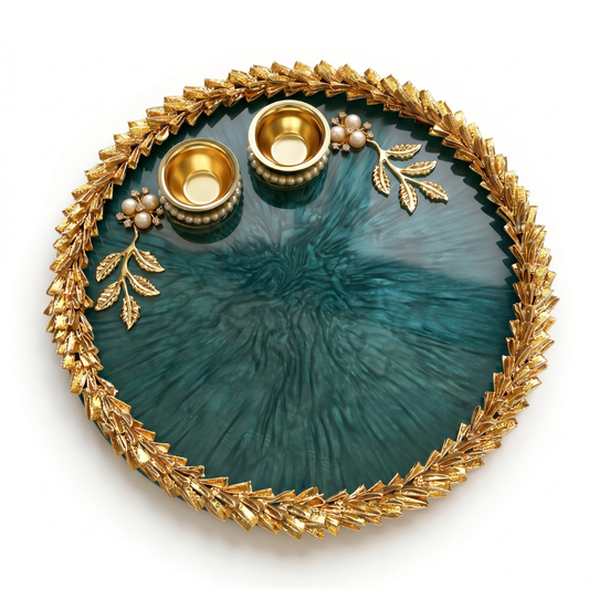 Emerald Luxe Leaf Resin Pooja Thali