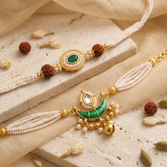 Rudraksha Emerald Rakhi & Pearl Green Lumba Set of 2