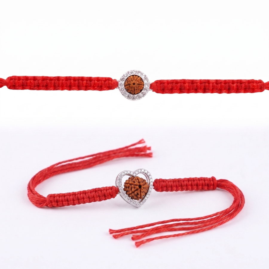 925 Silver Rudraksha Halo Rakhi & 925 Silver Heart Rudraksha Rakhi Set of 2