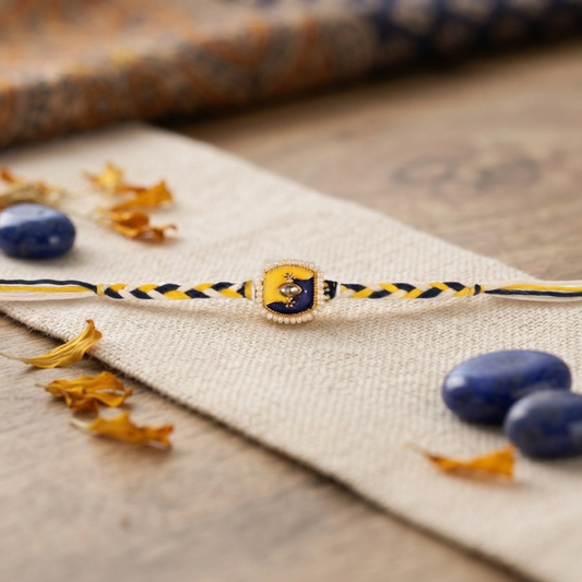 Blue Yellow Crystal Braided Rakhi