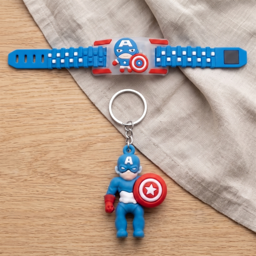 Captain Hero LED Kids Rakhi Band & Keychain Gift Set