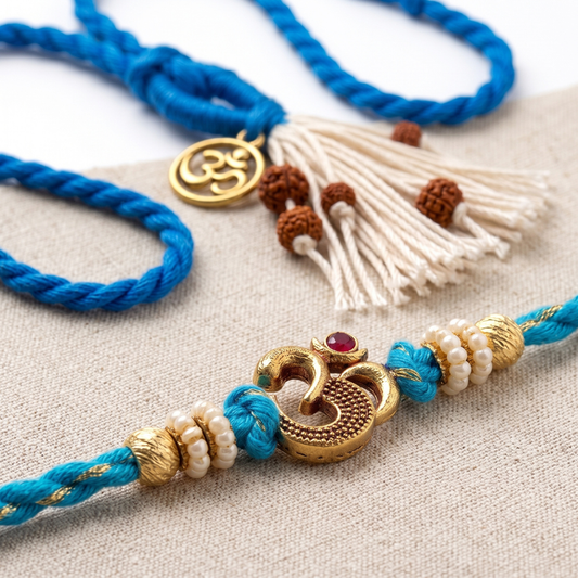 Om Pearl Rakhi & Blue Om Rudraksha Tassel Lumba Rakhi Set of 2