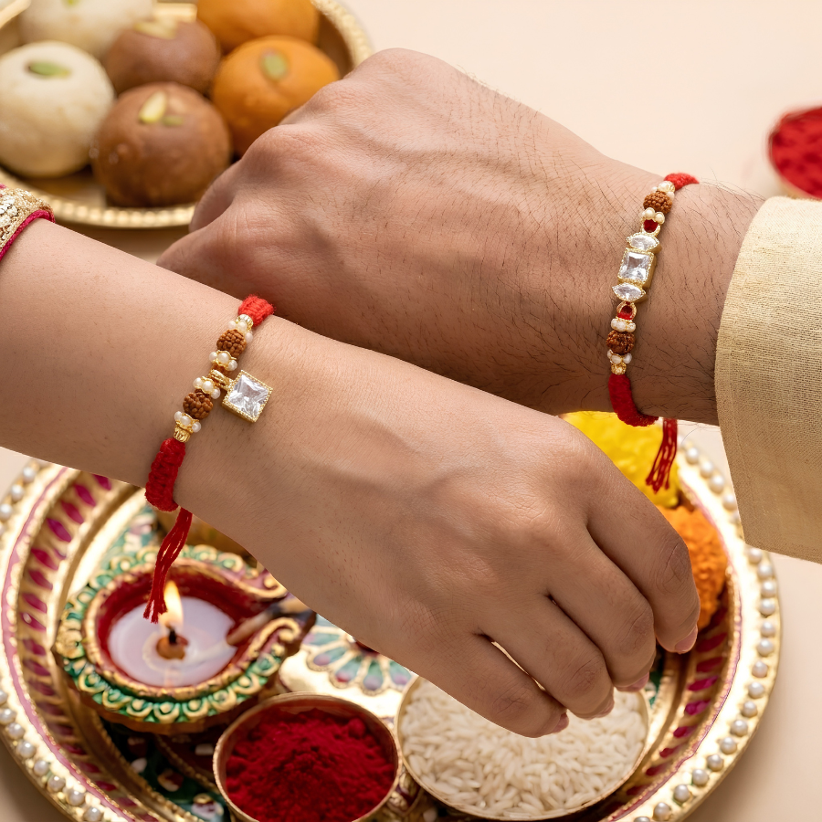Crystal Grace Rudraksha Rakhi & Rudraksha Crystal Pearl Rakhi Set of 2