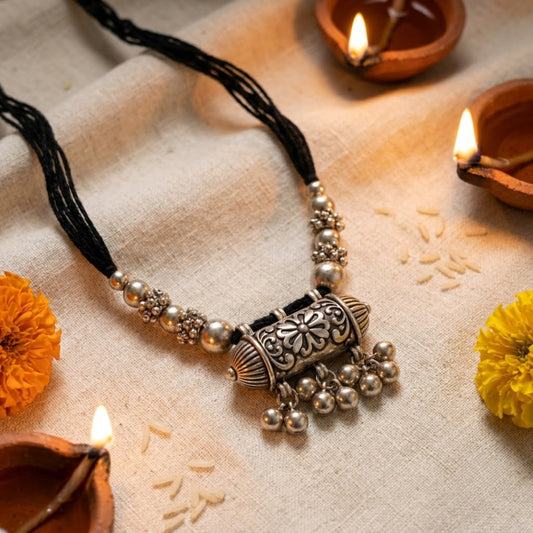Phool Dholki Black Dori Oxidised Necklace/ Arm Bracelet