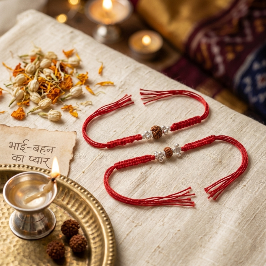 925 Silver Classic Rudraksha Rakhi & 925 Silver Rudraksha Trinity Rakhi Set
