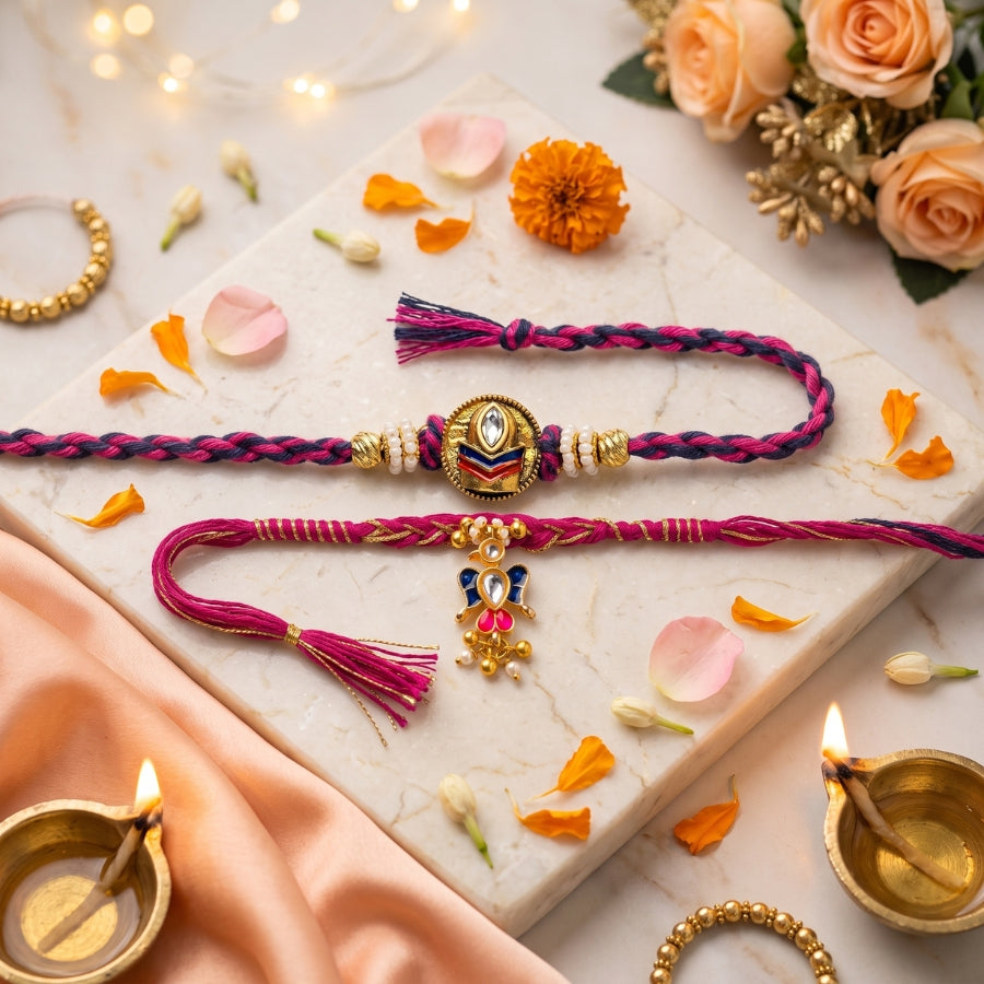 Tricolor Pearl Rakhi & Butterfly Kundan Rakhi Set of 2