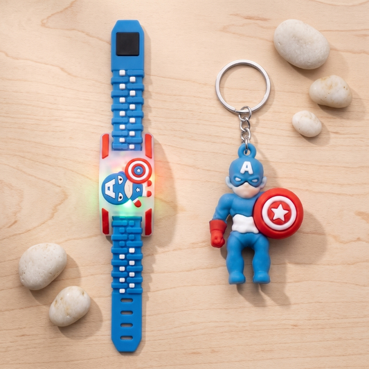 Captain Hero LED Kids Rakhi Band & Keychain Gift Set