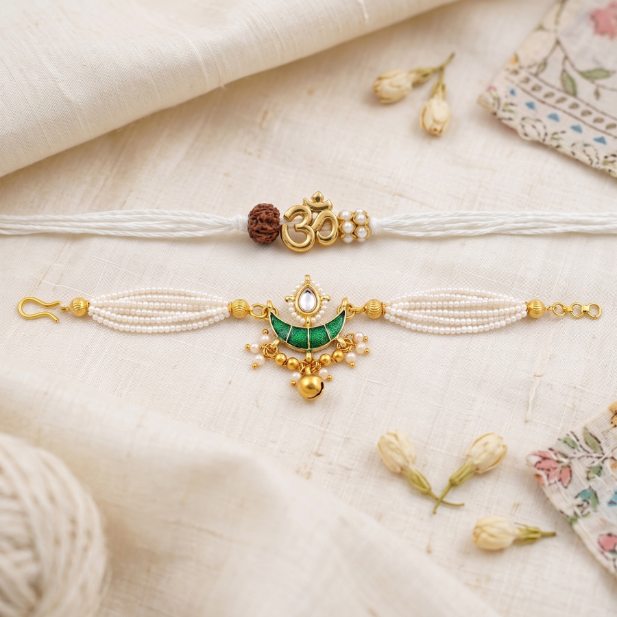 Divine Om Rudraksha Rakhi & Emerald Pearl Chand Lumba Rakhi Set of 2