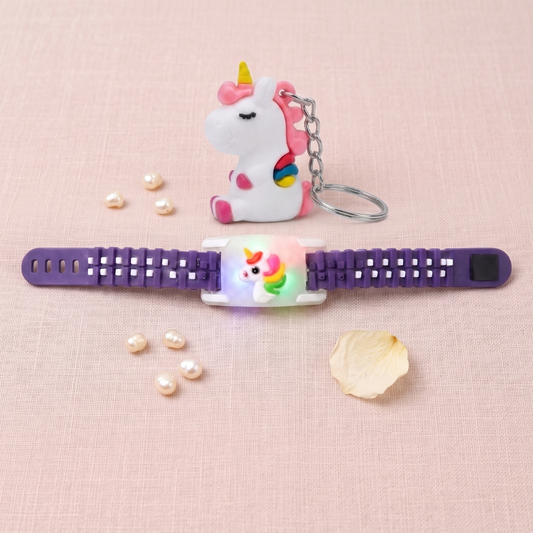 Unicorn LED Kids Rakhi Band & Unicorn Keychain Gift Set
