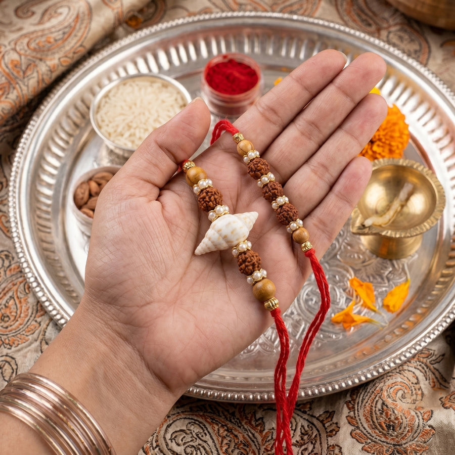 Coastal Rudraksha Shell & Trishakti Rudraksha Rakhi Set of 2