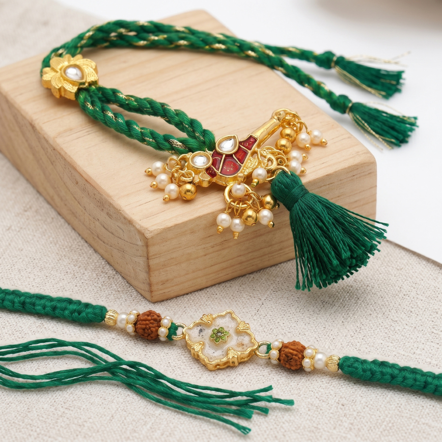 Emerald Blossom Rudraksha Rakhi & Flute Pearl Tassel Designer Lumba Rakhi Set of 2