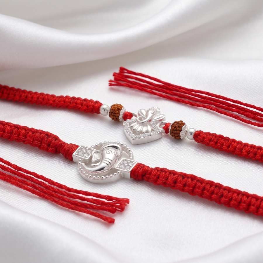 925 Silver Lord Ganesha Rakhi & 925 Silver Shree Ganesh Rudraksha Rakhi Set of 2