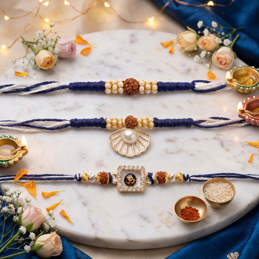 Om Divine Crystal & Pearl Seashell Rudraksha & Pearl Halo Rudraksha Rakhi Set of 3