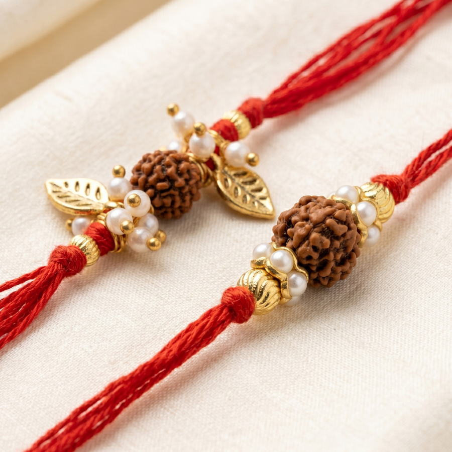 Ekmukhi Rudraksha Rakhi & Rudraksha Pearl Leaf Designer Rakhi Set of 2