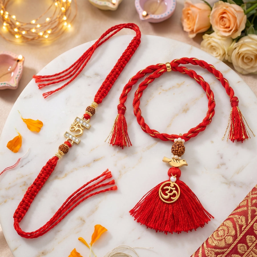 Om Divine Rudraksha Rakhi & Om Bird Tassel Rakhi Set of 2