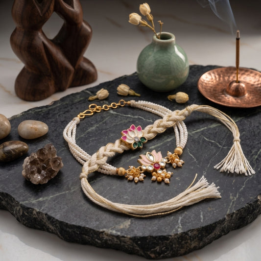 Lotus Pearl Bracelet & Pink Lotus Designer Rakhi Set of 2