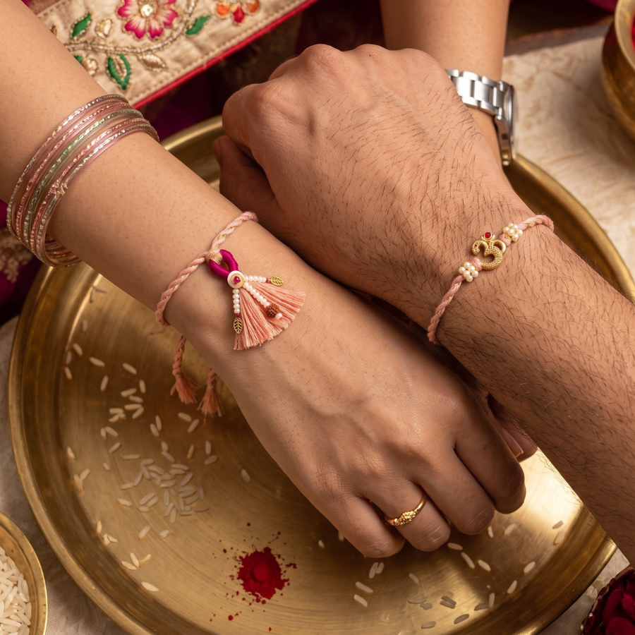 Peach Tassel Lumba & Om Charm Rakhi Set of 2