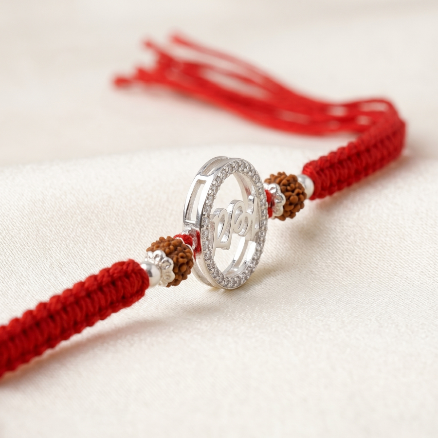925 Silver Ram Name CZ Halo Rudraksha Rakhi
