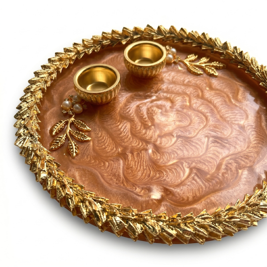 Rose Gold Feather Marble Resin Pooja Thali