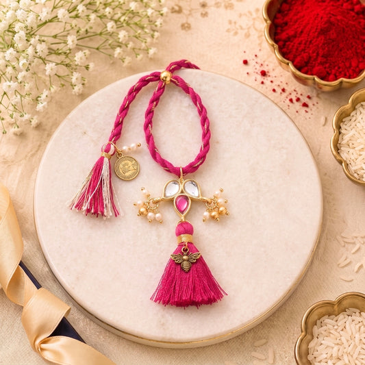 Pink Mirror Tassel Designer Lumba Rakhi