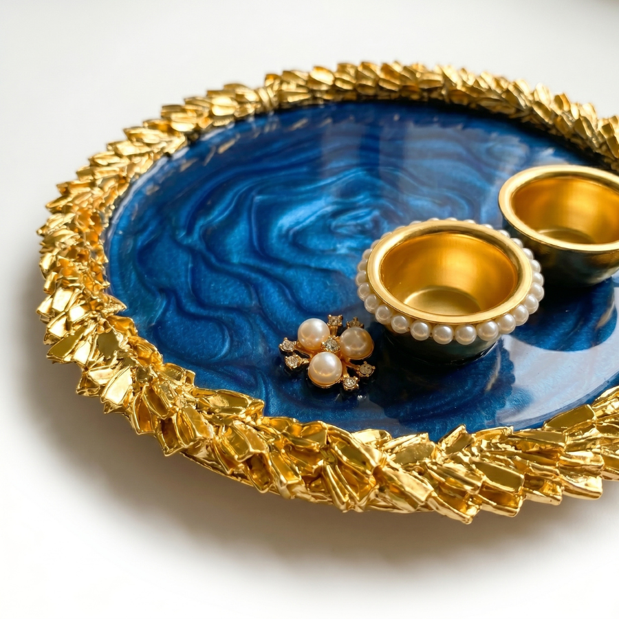 Sapphire Ocean Marble Resin Pooja Thali