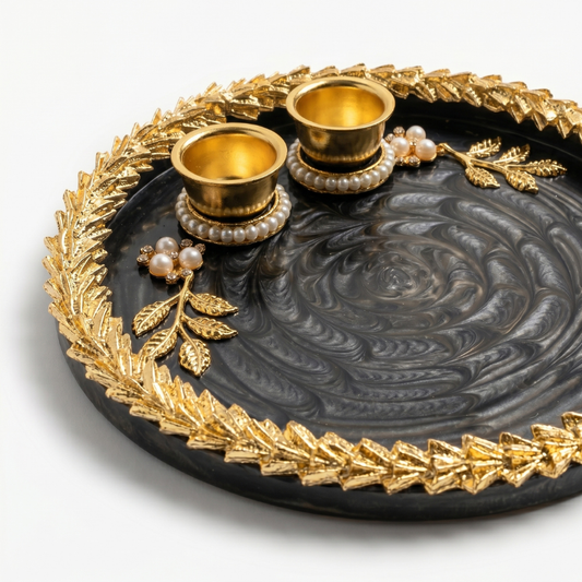 Midnight Black Leaf Resin Pooja Thali