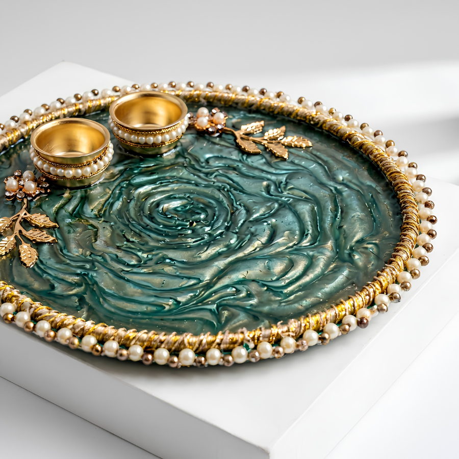 Emerald Swirl Resin Pooja Thali