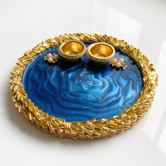 Sapphire Ocean Marble Resin Pooja Thali