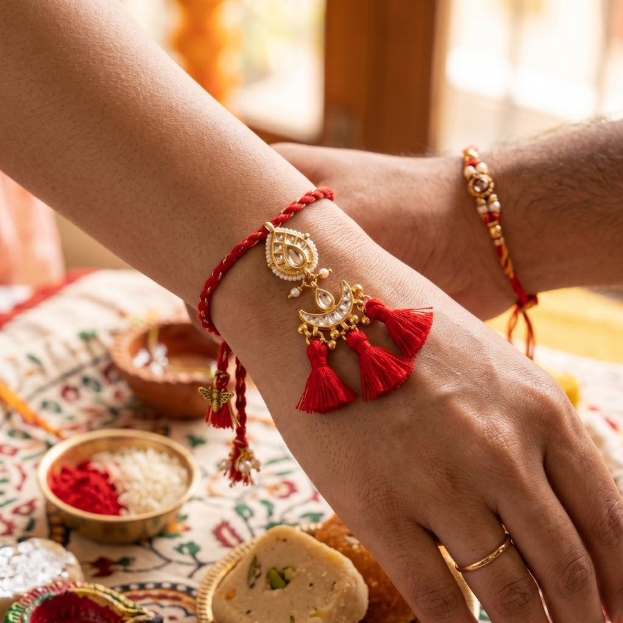 Royal Kundan Triple Tassel Designer Lumba Rakhi
