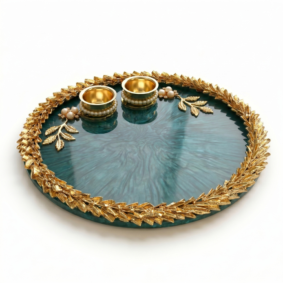 Emerald Luxe Leaf Resin Pooja Thali