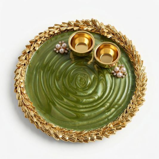 Olive Jade Swirl Resin Pooja Thali
