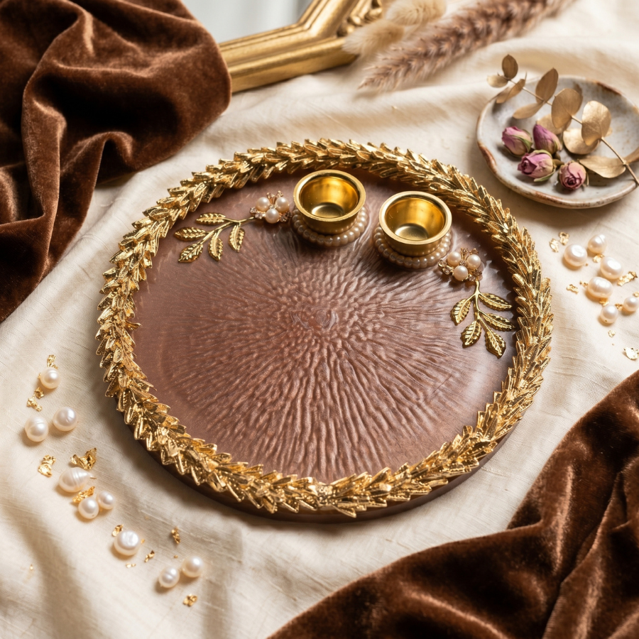 Mocha Bronze Leaf Resin Pooja Thali