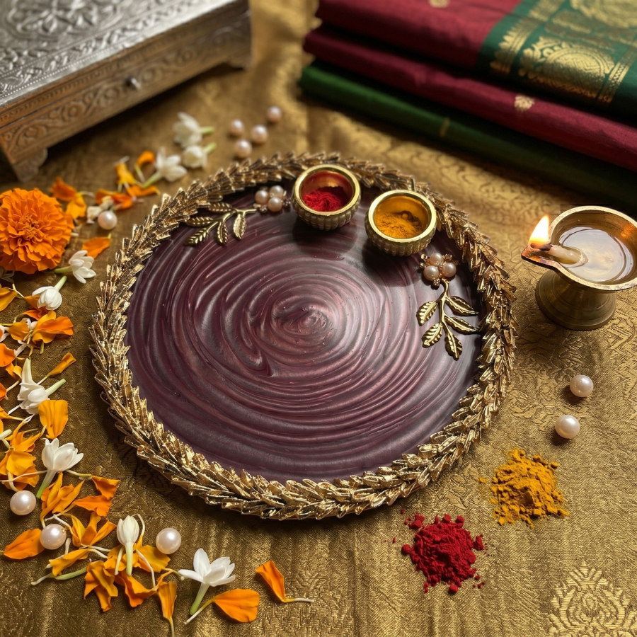 Royal Plum Marble Resin Pooja Thali