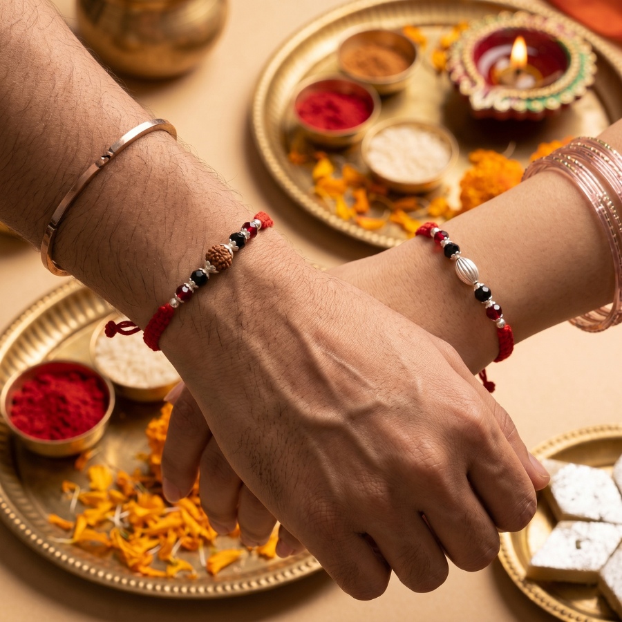 Crimson Crystal Rudraksha Rakhi Combo