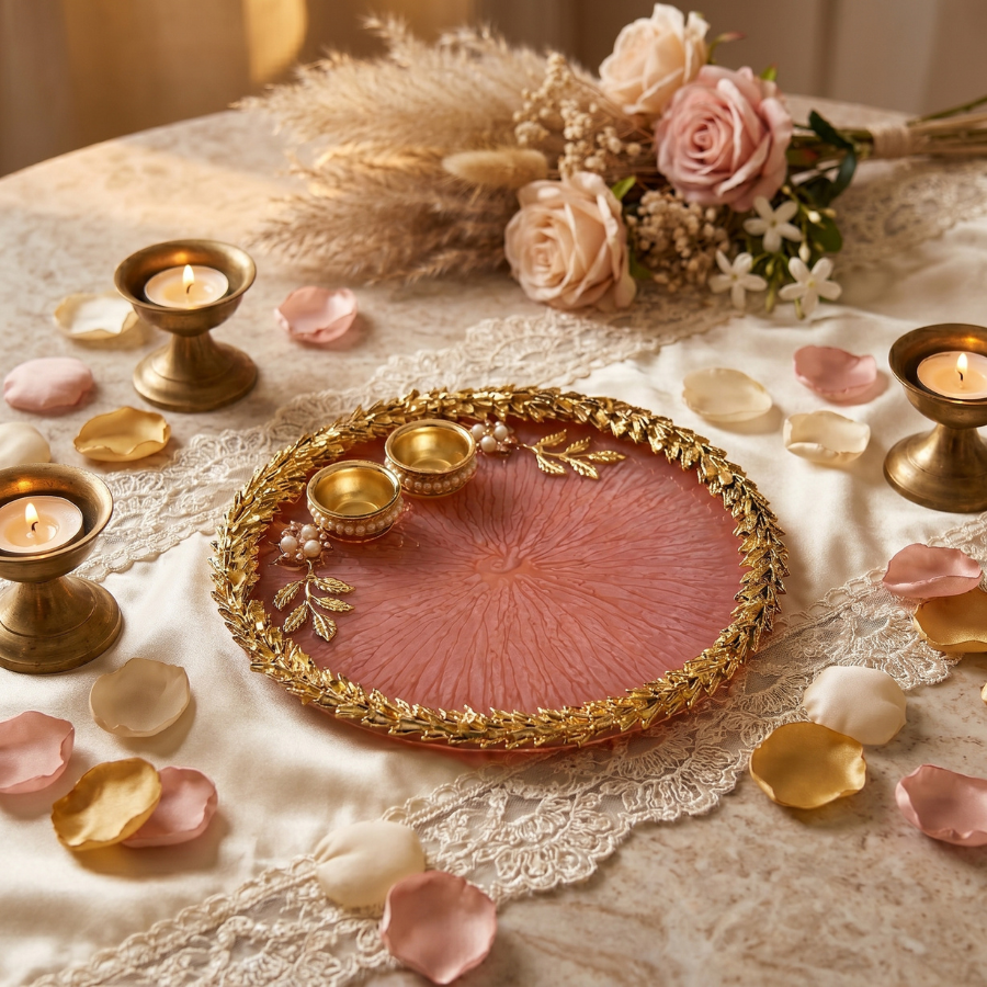 Rose Blush Leaf Resin Pooja Thali