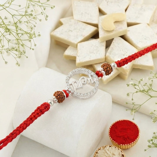 925 Silver Ram Name CZ Halo Rudraksha Rakhi