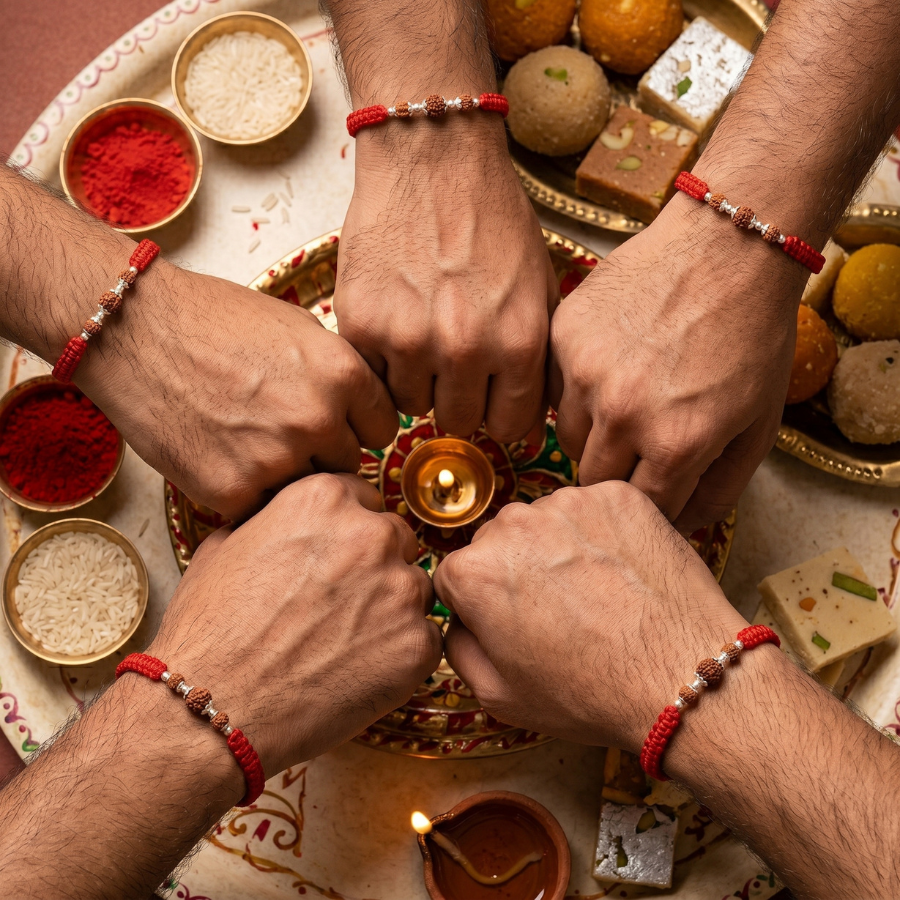 Triple Rudraksha Rakhi Combo (Set of 5)