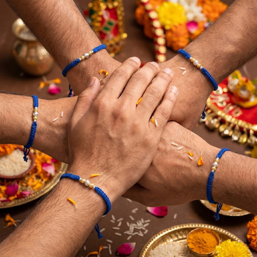 Blue Gold Silver Bead Rakhi Combo (Set of 5)