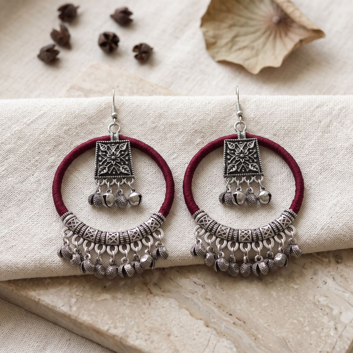 Rani Maroon Ghughri Dori Hoop Earrings
