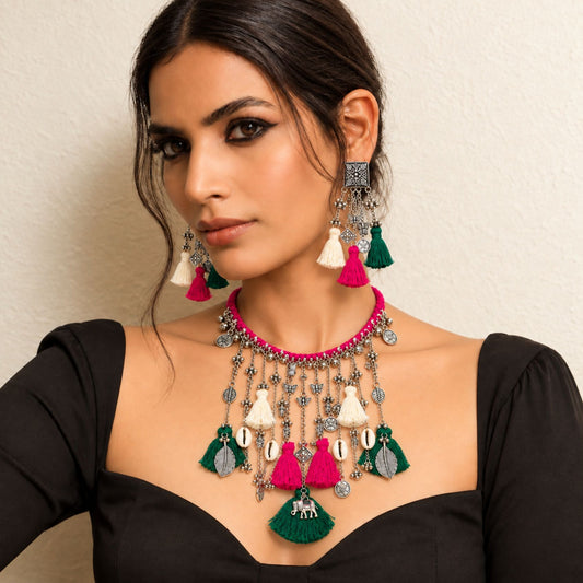 Rani Navrang Latkan Oxidised Necklace Set