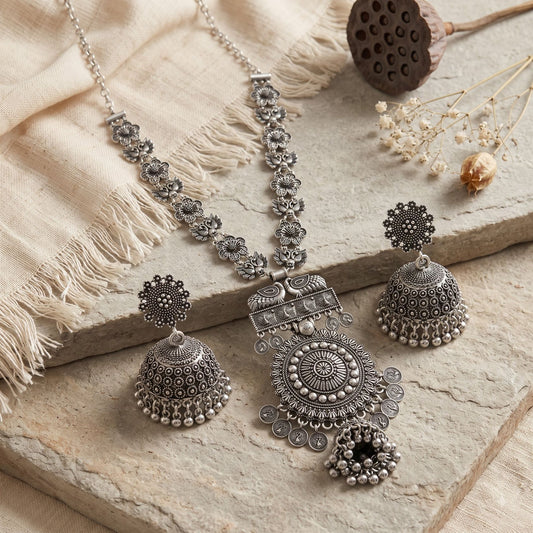 Phool Mandal Ghughri Oxidised Necklace Set - image 2