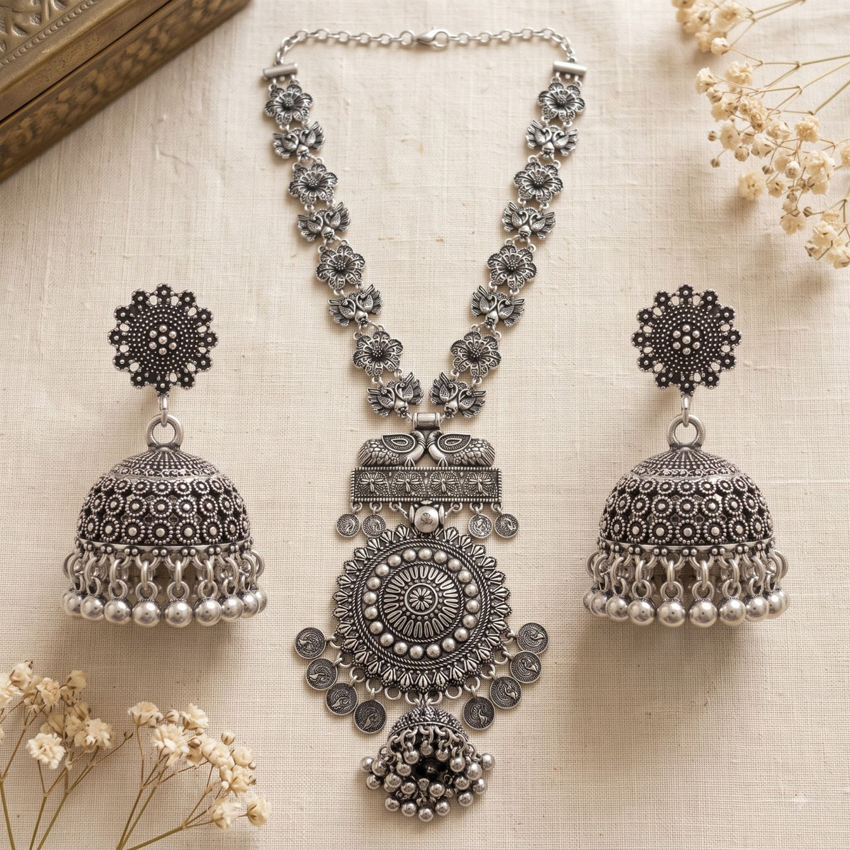 Phool Mandal Ghughri Oxidised Necklace Set - image 3