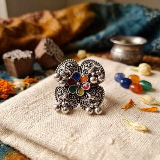 Navratri Multicolour Floral Oxidised Statement Ring - view 3