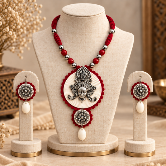 Navratri Red Bead Medallion Oxidised Necklace Set - view 2