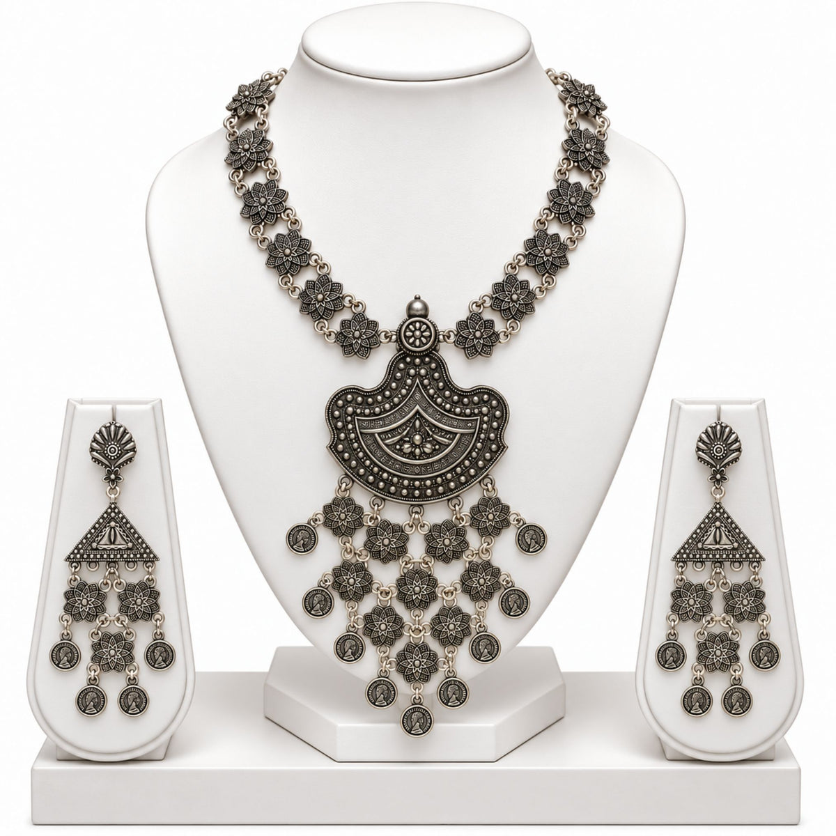 Navratri Tribal Coin Long Oxidised Necklace Set - view 2