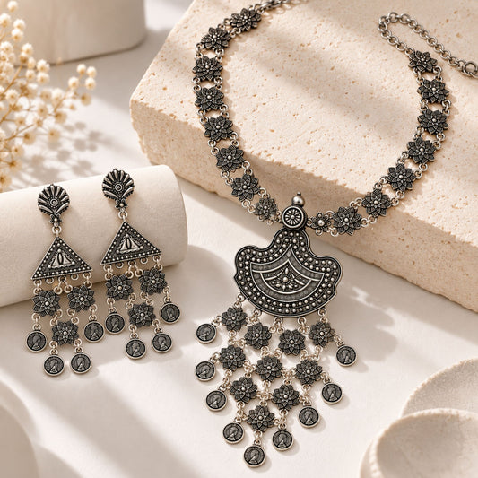 Navratri Tribal Coin Long Oxidised Necklace Set - view 4
