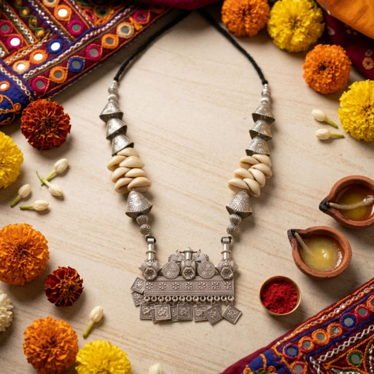 Navratri Geometric Bead Oxidised Necklace Set - view 5