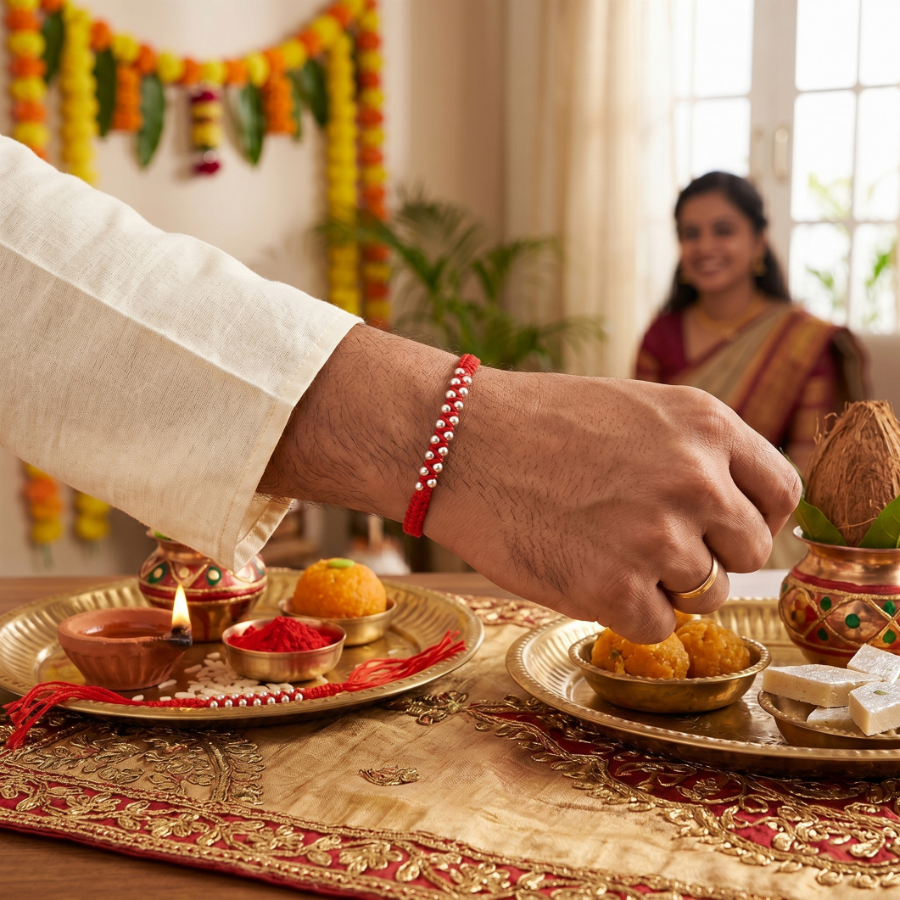 Silver Bead Thread Rakhi